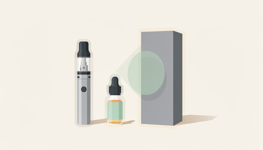 Clear bottle and dropper arranged next to vape cartridges on a clean studio tabletop